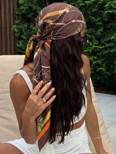 1pc Women's Retro Luxury Chain Printed Scarf, Y2K Casual Fashion Headscarf, Brazil Silk Scarf, Hair Accessories Suitable For Spring/Summer Island Vacation, Beach Party, Festival, Holiday Accessories, Beach Essentials