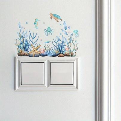 1/3/5 piezas Pegatinas de interruptor de luz con diseño de mundo submarino acuarela, tortuga marina, caballito de mar, patrón de coral, decoración impermeable y extraíble para dormitorio y baño