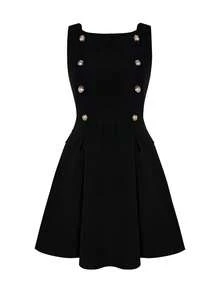 Latest Summer Sleeveless Black Casual Vacation & Commute Fashion Double-Breasted Button Decor Dress For Women, Elegant Business Style Date Dress - Black - View 7