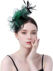 1件 20s/50s 女士迷你帽附面紗，迷人茶會頭飾 - 黑加綠 - 查看 2