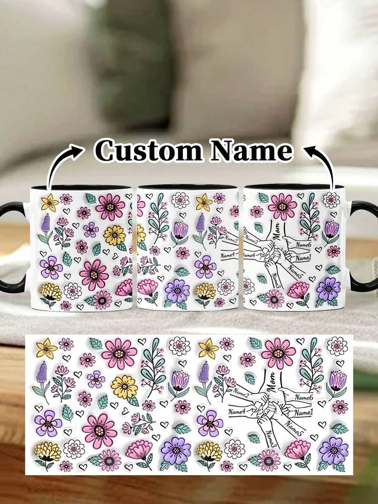 1pc 11oz/15oz Custom Mother's Day Name Mug, Personalized Coffee Cup With Printed Name. The Wrap-Around Pattern On The Mug Can Be Customized With Up To 8 Children Holding Their Mother's Hand. This Mother-Themed Mug With Floral Elements Is An Ideal Gift For Mom And A Unique, Thoughtful Present - 款式9 - 查看 10