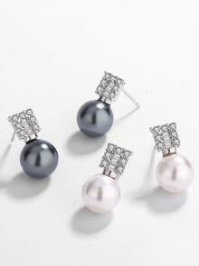 Elegant Black/Pink Pearl Earrings, Delicate Crystal Inlay, Gift For Girlfriend/Best Friend, Luxury Jewelry - Black and White - View 5