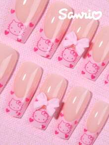 SANRIO 24片装中号棺材形粉色法式美甲贴片 - 可爱爱心图案搭配3D蝴蝶结设计，情人节风格，完美贴合亚克力假指甲套装。适合日常派对、聚会和特殊场合。包含1片果冻胶和1把指甲锉。 - 彩色 - 查看 2