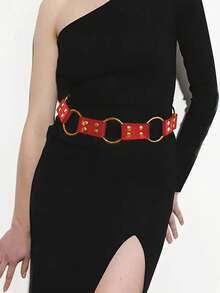 1 pieza Cinturón versátil casual de mujer con hebilla de metal y remaches, estilo vaquero occidental adecuado para uso diario y de fiesta - Rojo - Ver 3