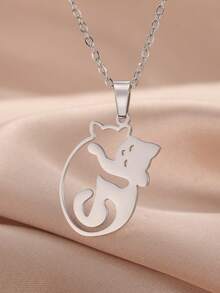 1pc Fashionable Stainless Steel Hollow Hugging Cat Pendant Necklace, Cute Animal Pattern Unisex Necklace - Simple Series - View 4