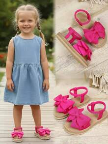 1 Pair Fuchsia Girls' Flat Sandals, Solid Soft Fabric With Bow Decor, Round Toe Open Toe, Elastic Flexible Sole, Fashionable Cute Bohemian Beach Sandals, Suitable For Daily Casual, Holiday, Party, Spring/Summer New Arrival - Hot Pink - View 9