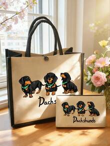 Yellow Linen Dachshund Pattern Tote Bag - Multifunctional Large Capacity Handbag And Wallet Set, Including Small Wallet - Multicolor - View 1