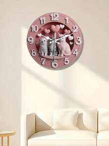 Charming Pink Wall Clock With Cute Cat And Heart Decor - Silent Non-Ticking, Large White Numerals, Wooden Round Design Suitable For Home Decor, Living Room, Bedroom, Office - Perfect Gift For Cat Lovers, Cat Decor, Cute Design, Durable Structure, 2D Flat - 1 YEAR - View 1
