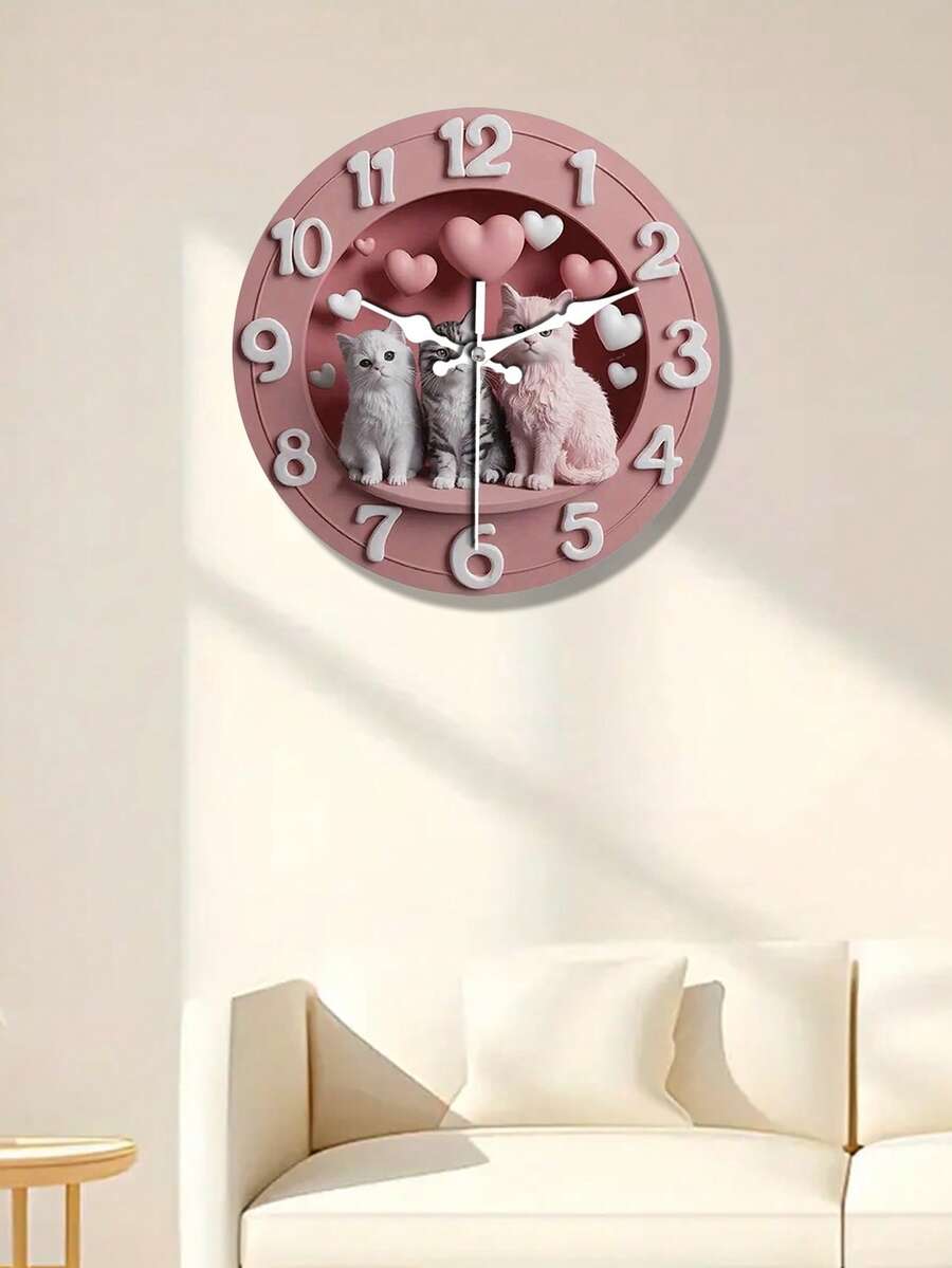 Charming Pink Wall Clock With Cute Cat And Heart Decor - Silent Non-Ticking, Large White Numerals, Wooden Round Design Suitable For Home Decor, Living Room, Bedroom, Office - Perfect Gift For Cat Lovers, Cat Decor, Cute Design, Durable Structure, 2D Flat - 1 YEAR - View 1