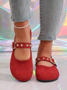 2026春季新款时尚女式麂皮玛丽珍鞋，金色铆钉方扣，软底圆头平底鞋，法式圆头浅口复古设计 - 紅色 - 查看 7