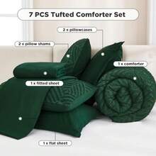 King Size Comforter Set 7 Pieces Dark Emerald Green - Bed in a Bag King Boho Lightweight Fluffy Tufted Bedding Sets with Quilt Comforter Sheets Pillowcases and Shams - Verde esmeralda - Ver 7