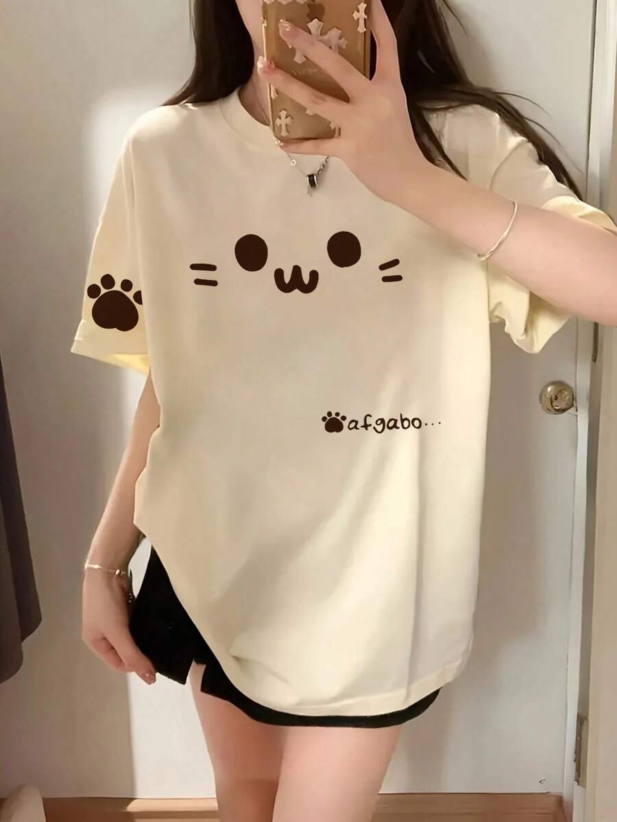 女士休闲宽松圆领卡通猫咪字母印花短袖T恤,夏季 - 杏色 - 查看 1