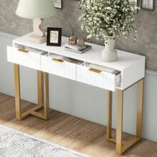 Modern Console Table With Drawers, Gold Frame, Adjustable Footrest And Elegant Handles (White + Gold) - White - View 3