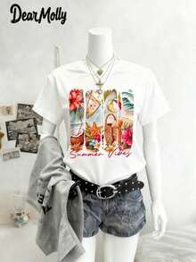 DEAR MOLLY Summer Beach Themed Print Round Neck Short Sleeve T-Shirt, Suitable For Parties, Gatherings And Various Occasions, All-Season, An Ideal Gift For Mom Casual Vacation White - 白色 - 查看 3