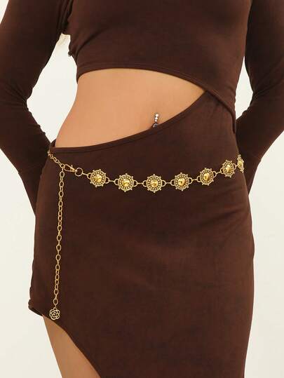 Vintage American West Style Waist Chain, Distressed Gold Tone Sun Pattern Chain, Bohemian Personalized Pant Chain Accessory, Zinc Alloy