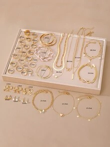 Conjunto de joyería metálica asimétrica para mujer, que incluye collar, aretes, anillo, pulsera y tobillera - Amarillo Oro - Ver 11