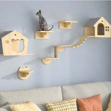 Solid Wood Wall-Mounted Cat Climbing Frame With Integrated Platform, Scratching Board, Cat Tree, Condos, Wall Nest And Scratching Post. Provides A Dedicated Space For Cats To Play, Climb, Sharpen Claws And Rest Comfortably. - Apricot - View 2