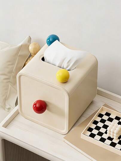 صندوق مناديل بلون كريمي مع كرات ملونة، حامل ورق تواليت مربع مناسب لورق التواليت والمناديل الورقية، صندوق تخزين بلاستيكي سهل الاستخدام، مناسب للحمام وغرفة المعيشة والطاولة، تخزين محايد وديكور منزلي، اكسسوارات الحمام