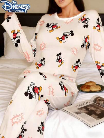 Disney Bộ đồ ngủ hoạt hình dễ thương 2 món dành cho nữ, áo dài tay in họa tiết toàn thân cổ tròn màu trắng và quần dài, kiểu dáng rộng rãi thoải mái, thích hợp cho mùa xuân, hè và thu.