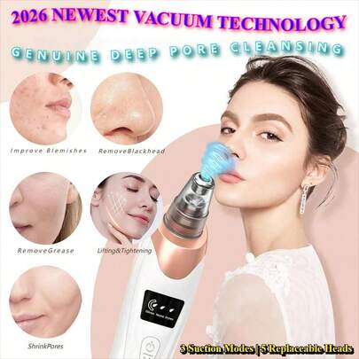 最新款 2026 可充电电动黑头吸尘器，升级版面部毛孔清洁器，3 档可调节吸力，5 个可更换吸头，无痛祛痘祛粉刺工具，男女皆宜的深层毛孔清洁和护肤设备，日常家庭护肤的理想选择，节日礼物。