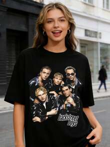 Backstreet Boyss T Shirt Vintage Gothic Rock Streetwear Pop Music Band Bsb Group T-Shirt O-Collar Oversized - 黑色 - 查看 2