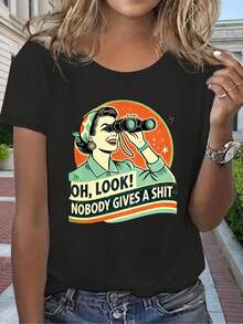 Camiseta de Mujer con Estampado Gráfico, Manga Corta, Cuello Redondo, Elegante Diseño de Anime, Corte Regular, Suave al Tacto, Top Casual de Verano y Primavera, Ropa Cómoda para Uso Diario. - Negro - Ver 4