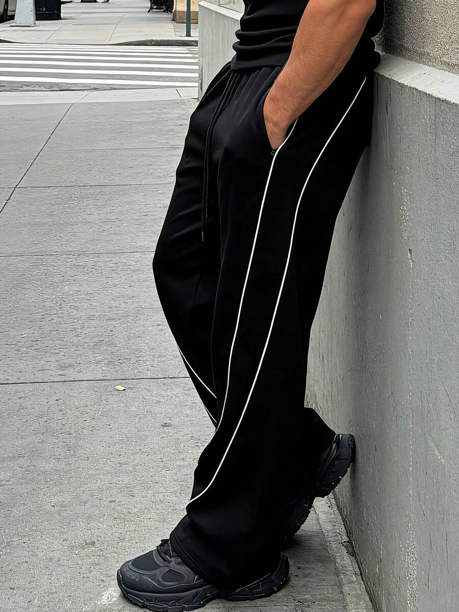 男士抽绳腰带条纹口袋阔腿宽松休闲裤 - 黑色 - 查看 1