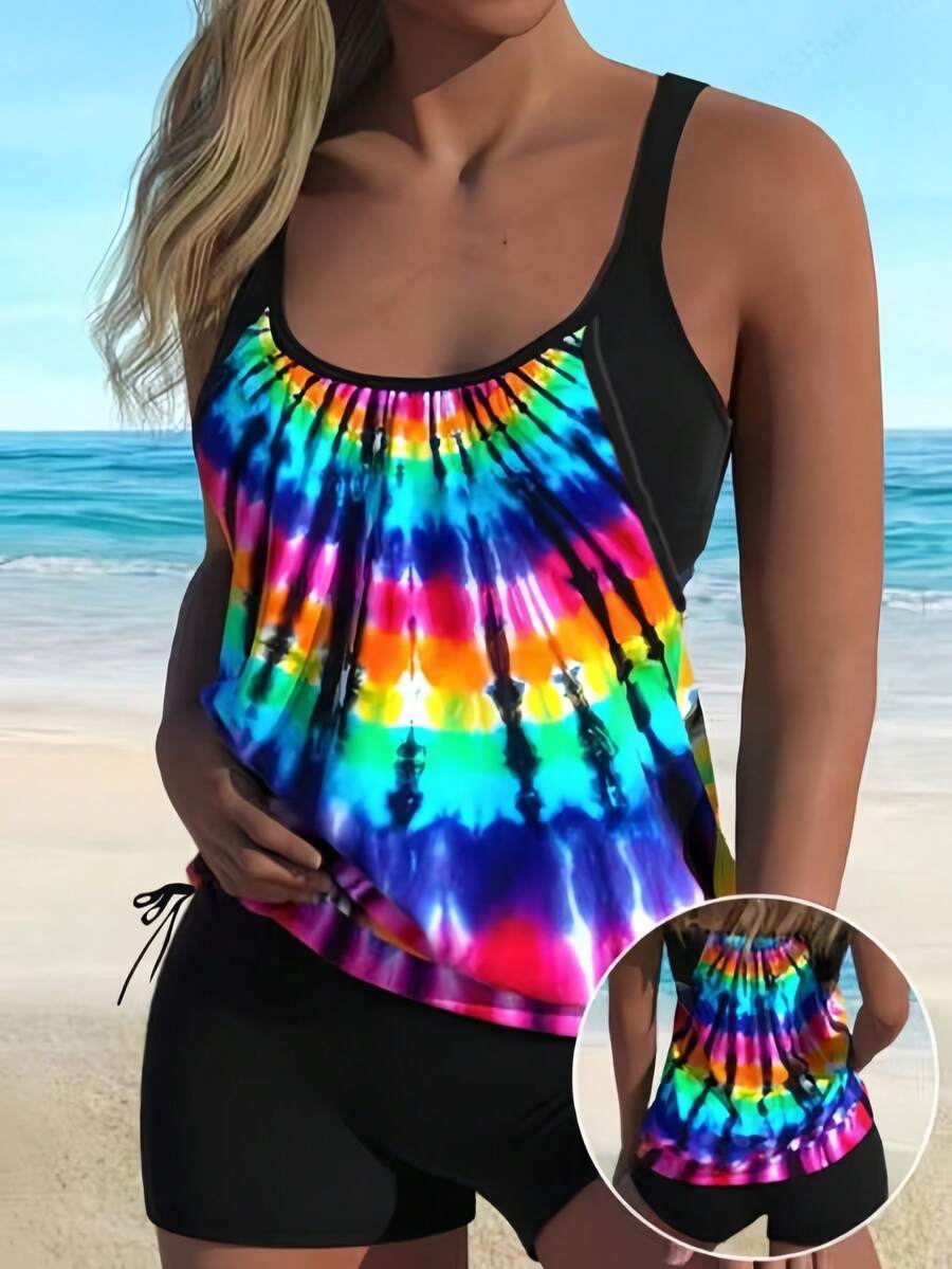 Bộ 2 món đồ bơi thời trang nữ, cúp ngực đầy đủ, dây đeo mảnh có thể điều chỉnh, hở lưng, quần bơi in họa tiết, thanh lịch và gợi cảm, phong cách nghỉ dưỡng Hawaii, thích hợp cho kỳ nghỉ hè trên bãi biển. - Nhiều màu - Xem 1