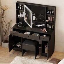 Habitdesign Vanity Tocador con Espejo y Luces, Tocador para Recamara con 3 Cajones y 2 Armario, Estantes Ocultos, Tocador de Maquillaje con Estación de Carga Escritorio - Negro - Ver 4