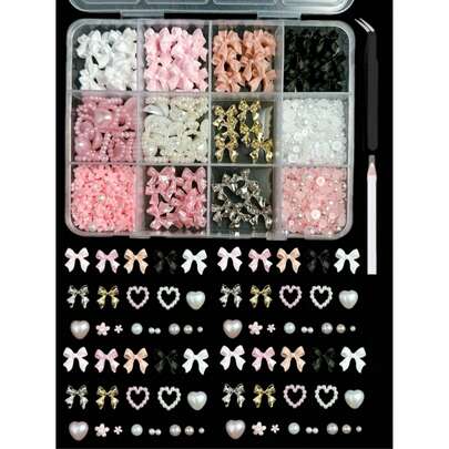 12-Compartment Box Mixed Resin Pearl Bow, Heart, Mini Floral Decor For Diy Nail Art Accessories, Versatile & Cute Nail Supplies Nails Nail Charms Nail Gems