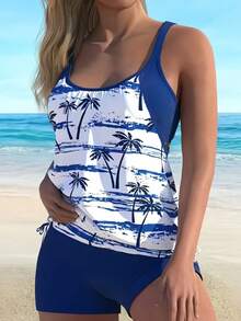 两件套女士泳装，全包臀可调节细肩带露背上衣，印花平角泳裤，优雅性感，夏威夷度假风，夏季海滩休闲度假 - 寶藍色 - 查看 1
