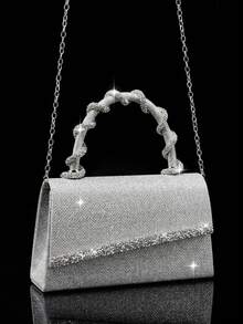 Bolsa de mão mini quadrada de luxo com lantejoulas brilhantes, bolsa de ombro feminina moderna com corrente e decoração de strass, conjunto perfeito para combinar com colar, brincos e pulseira de strass, ideal para festas, banquetes e encontros. - Prata - Ver 4