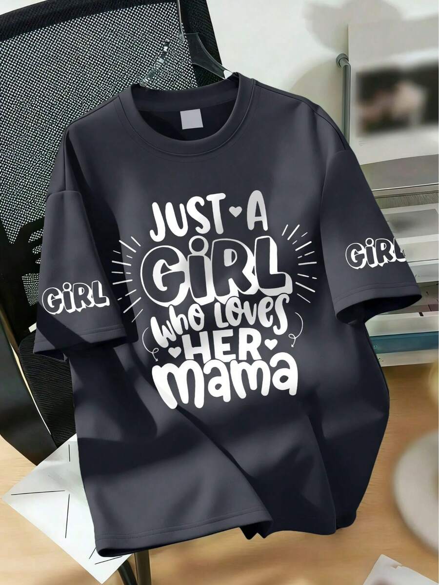 母亲节标语印花圆领T恤，休闲柔软夏季上衣，适合青少年女孩 - 深灰色 - 查看 1