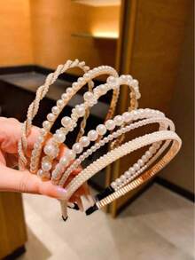 Set de 5 diademas con perlas falsas lindas, bandas para el cabello de mujer, aros para el cabello, accesorios para el cabello - Blanco - Ver 4