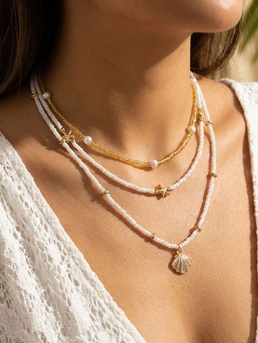 Bộ 3 vòng cổ hạt cườm hình vỏ sò và sao biển, thích hợp cho phụ nữ đi nghỉ mát và du lịch biển. - Nhiều màu - Xem 1