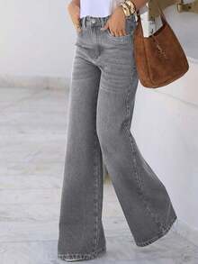 Women's Loose Casual Straight Leg Jeans With Pockets, Simple Washed Pants, Suitable Summer Wear And Also A Must-Have Item Halloween - 灰色 - 查看 10