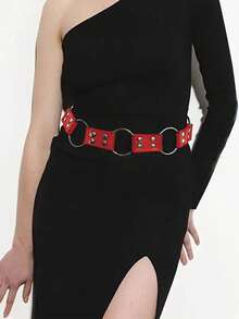 1件装女士百搭休闲朋克金属扣铆钉腰带，西部牛仔风格，适合日常和派对穿着 - 紅色 - 查看 3