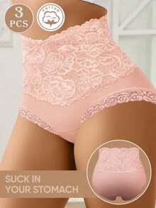 MEIYATING 3pcs High Waist Slimming Women's Panties, Jacquard Pattern, Comfortable Fit, Lifting & Covering Design With Lace Trim - Multicolor - View 4