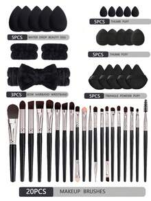 45件套化妆刷套装，混合化妆美容工具，包括：20支化妆刷、1个化妆包、5个美妆蛋、5个粉扑、5个迷你美妆蛋、5个迷你指套粉扑、1个发带、2个腕带、1个清洁工具。 - 多色 - 查看 13