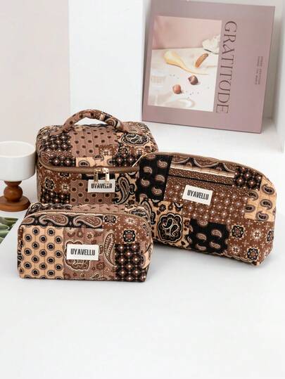 1pc/3pcs Large Capacity Cosmetic Bag, Rhombus Quilted Travel Toiletry Bag, Bohemian Style Jacquard Zipper Portable Travel Organizer Pouch, Soft Fabric Makeup Bag Set, Fashion Women Wallet And Handbag, Suitable For Home, Travel, Vacation, School, Bedroom Essential, Bridesmaid Gift, Mother's Day Gift, Birthday Gift