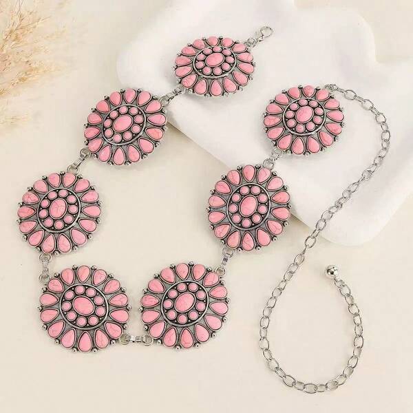 Pink Turquoise Waist Chain Women's Fashion Bohemian Style Metal Carved Vintage Belt Versatile