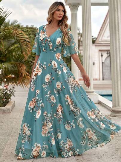  UNITHORSE [随机裁剪] 女士V领碎花A字型毕业礼服及正式礼服，雪纺伴娘礼服