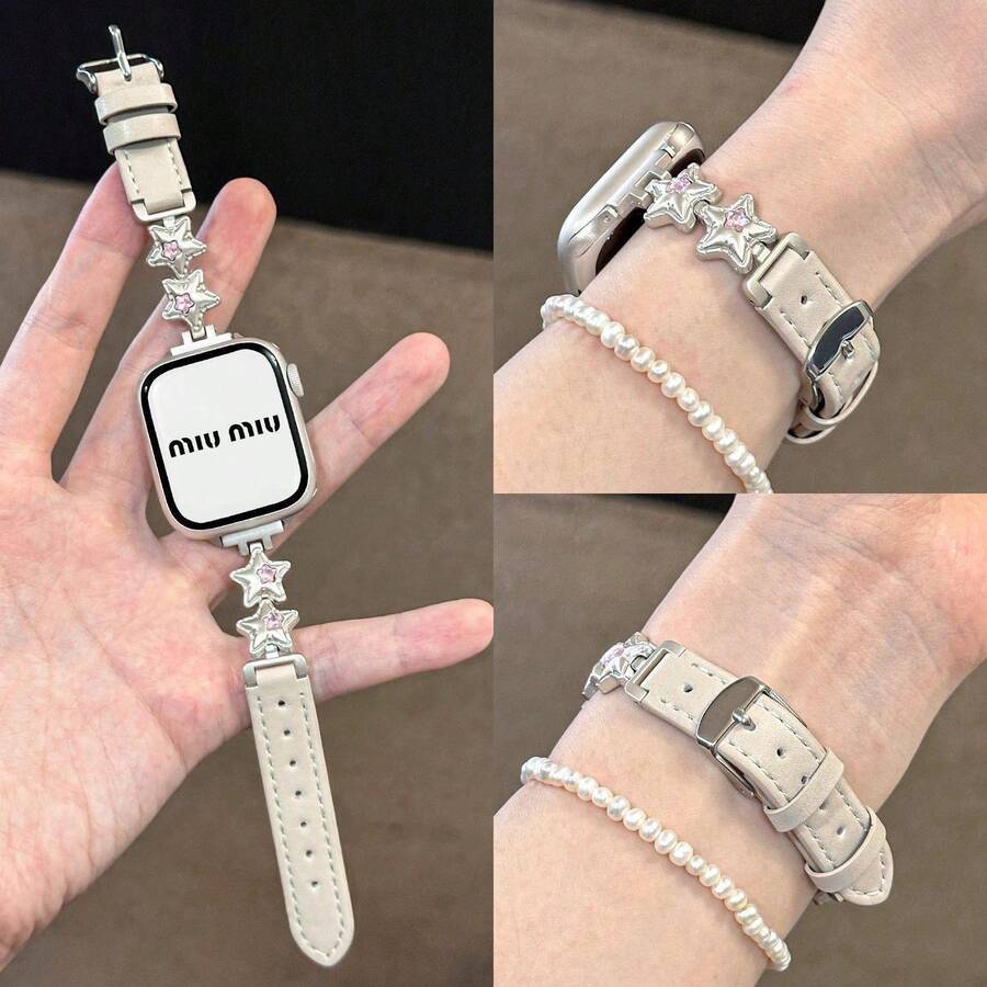 1条S10表带，兼容苹果9/8/7/6/5/4/3，气球星形金属皮革表带 - 白色 - 查看 1