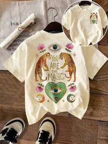 Women's T-Shirt With Mysterious Tiger Print, We Are The Magic, Green Heart, Mystic Eye, Cotton - Cream - View 1