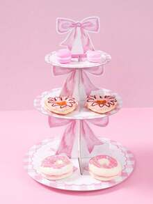 1 Set Pink Bow Baby Party Multi-Tier Cake Stand And Cake Decorations, Multi-Tier Cake Stand, Birthday Party Decorations, DIY Cake Decorating Supplies, Dessert Food Cake Edge Decor, Birthday Baby Family Holiday Party Restaurant Kitchen Decor, Home Decor, Pink Princess Birthday Party Decorations - Multicolor - View 7