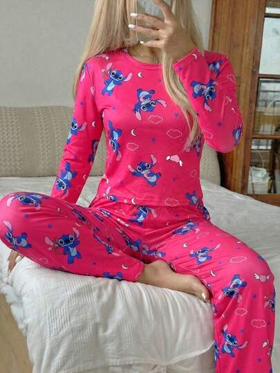 Disney Conjunto de 2 piezas de camiseta larga roja y pantalones para mujer, con estampado de corazón de Stitch, elástico y cómodo, adecuado para primavera y otoño
