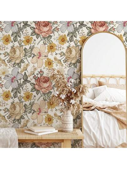 Vintage Romantic Floral Peel And Stick Wallpaper, Temporary Wall Mural For Room, Entryway, Home Decor