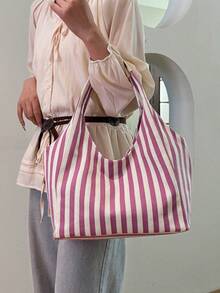 一件装黑白条纹帆布大容量敞口休闲单肩包，适合女性日常通勤。 - 彩色 - 查看 8