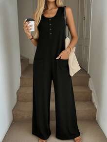 女士纯色休闲舒适前扣无袖连体裤，夏季黑色 - 黑色 - 查看 2