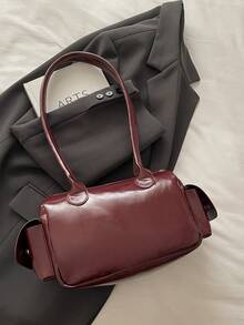 Minimalist Solid Color Shoulder Flap Bag, Classic Textured Crossbody Bag Purse For Women - Red - View 3